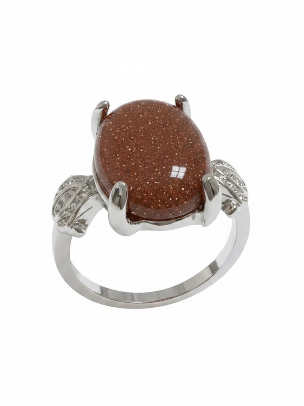 Goldstone Oval Solitaire Ring in Brown and Silver size 6